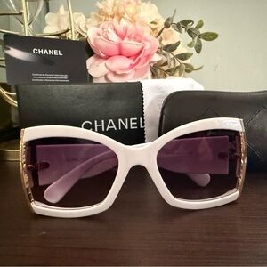 White Frame Sunglasses with Purple Lenses and Gold Accents